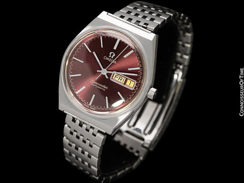 1978 Omega Seamaster Vintage Mens Bracelet Automatic Day Date Bordeaux Wine Watch - Stainless Steel