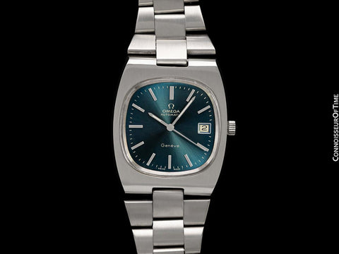 1977 Omega Geneve Vintage Mens Automatic Bracelet Smoked Sapphire Dial Watch - Stainless Steel