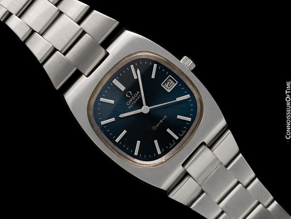 1977 Omega Geneve Vintage Mens Automatic Bracelet Smoked Sapphire Dial Watch - Stainless Steel
