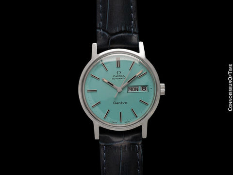 1972 Omega Geneve Vintage Automatic Day Date Mens Dark Tiffany Blue Dial Watch - Stainless Steel