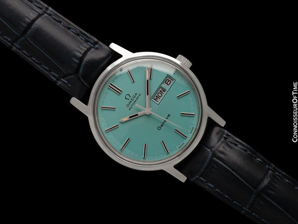 1972 Omega Geneve Vintage Automatic Day Date Mens Dark Tiffany Blue Dial Watch - Stainless Steel