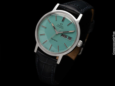 1972 Omega Geneve Vintage Automatic Day Date Mens Dark Tiffany Blue Dial Watch - Stainless Steel