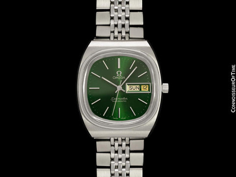 1981 Omega Seamaster Vintage Mens Bracelet Automatic Day Date Emerald Green Watch - Stainless Steel