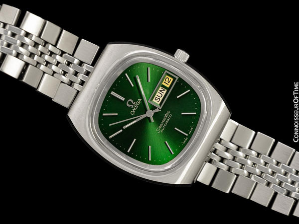1981 Omega Seamaster Vintage Mens Bracelet Automatic Day Date Emerald Green Watch - Stainless Steel