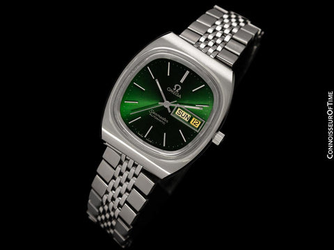 1981 Omega Seamaster Vintage Mens Bracelet Automatic Day Date Emerald Green Watch - Stainless Steel