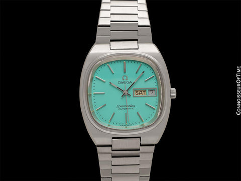 1981 Omega Seamaster Vintage Mens Bracelet Automatic Day Date Tiffany Blue Watch - Stainless Steel