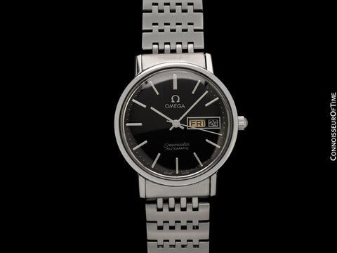 c. 1976 Omega Seamaster Mens Automatic, Double Quick-Set Day Date Black Dial Watch - Stainless Steel
