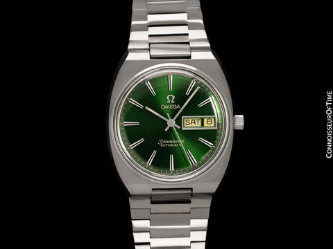 1981 Omega Seamaster Vintage Mens Bracelet Automatic Day Date Emerald Green Watch - Stainless Steel