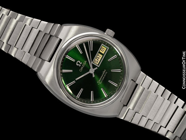 1981 Omega Seamaster Vintage Mens Bracelet Automatic Day Date Emerald Green Watch - Stainless Steel