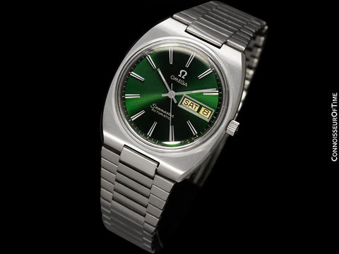 1981 Omega Seamaster Vintage Mens Bracelet Automatic Day Date Emerald Green Watch - Stainless Steel
