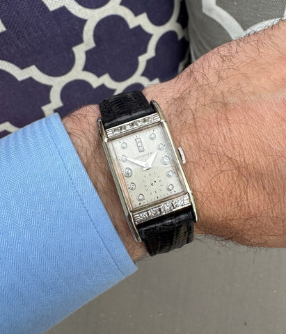 1953 Longines Vintage Mens Midsize Rectangular Watch - 14K White Gold & 17 Diamonds
