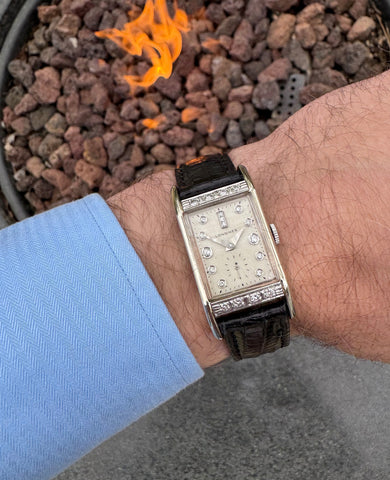 1953 Longines Vintage Mens Midsize Rectangular Watch - 14K White Gold & 17 Diamonds