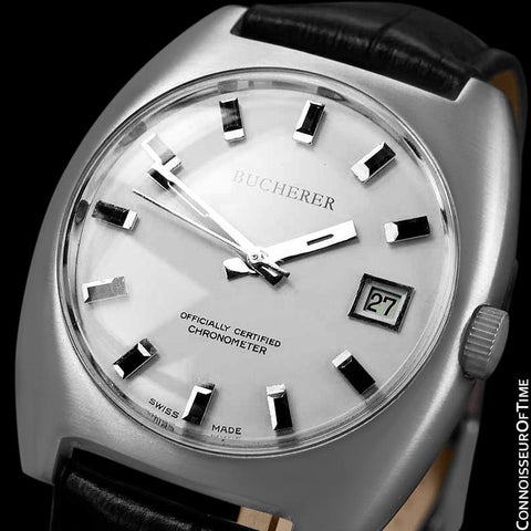 1970's Bucherer (Carl F. Bucherer) Large Vintage Mens Officially Certified Chronometer Watch - Stainless Steel