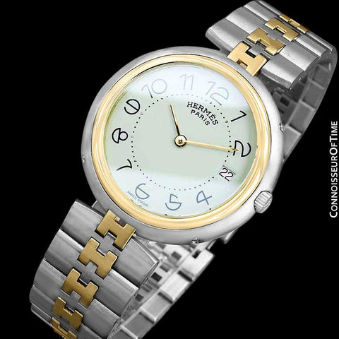 Hermes Profile Unisex Mens Midsize Watch with Bracelet - 18K Gold Plated & Stainless Steel