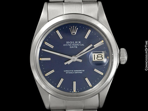 1970 Rolex Date (Datejust) Classic Vintage Mens Watch with Blue Textured Dial - Stainless Steel
