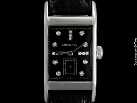 1949 Longines Vintage Mens Midsize Rectangular Watch - 14K White Gold & 17 Diamonds