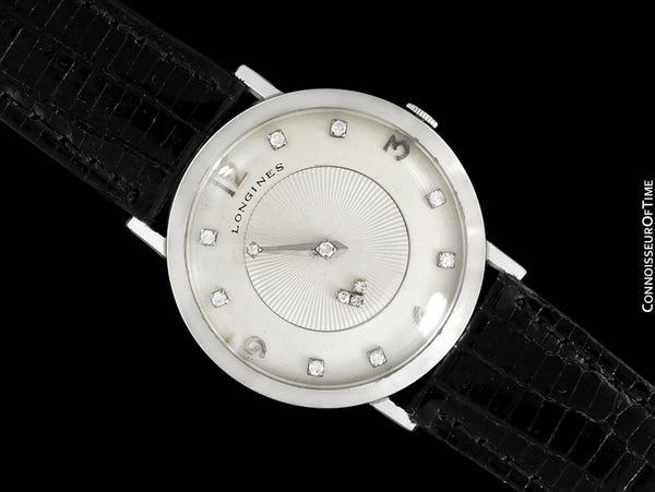 1958 Longines Mystery Dial Vintage Mens Watch - 14K White Gold & Diamonds