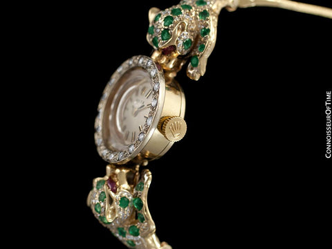 1960's Rolex Ladies Vintage Watch with Two Incredible Custom Panthers - 14K Gold, Diamonds, Emeralds & Rubies