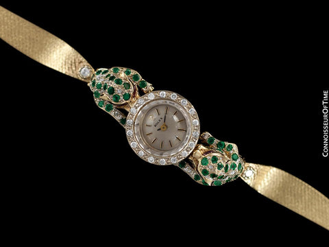 1960's Rolex Ladies Vintage Watch with Two Incredible Custom Panthers - 14K Gold, Diamonds, Emeralds & Rubies