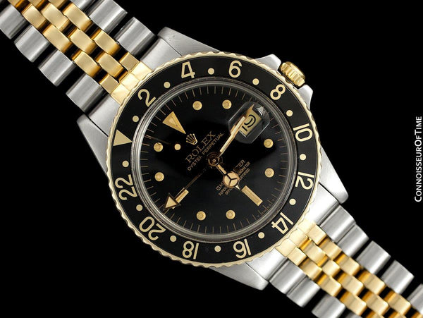 1979 Rolex GMT Master Vintage Mens Ref. 1675/3 Black Bezel Watch with Nipple Dial - 14K Gold & Stainless Steel