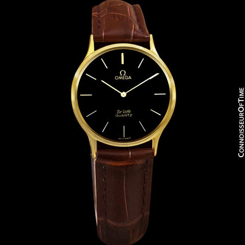 Omega De Ville Vintage Mens Midsize Thin Quartz Dress Watch with Black Dial - 18K Gold Plated