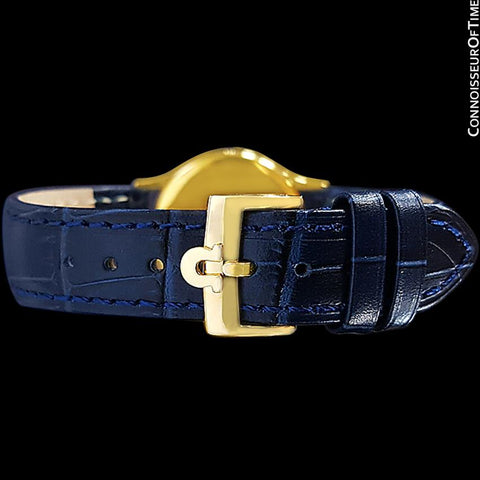 Omega De Ville Vintage Mens Midsize Thin Quartz Dress Watch with Blue Dial - 18K Gold Plated