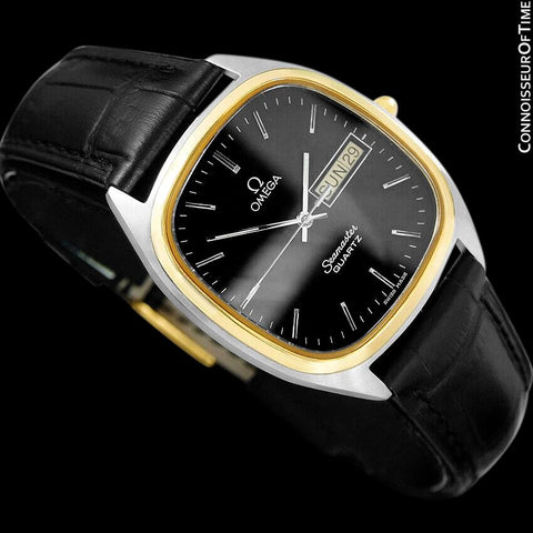 1984 Omega Seamaster Vintage Retro Mens Full Size Quartz Watch, Day Date - 18K Gold Plated & Stainless Steel
