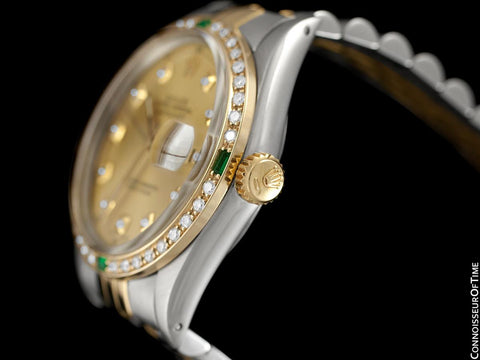 Rolex Datejust Two-Tone Mens Quick-Setting Date Watch - Stainless Steel, 18K Gold, Emeralds & Diamonds