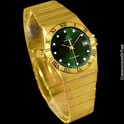 Omega Constellation Mens 35mm Money Green Dial Watch, Quartz, Date - 18K Gold Plated & Diamonds