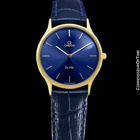 Omega De Ville Mens Thin Quartz Dress Watch with Blue Dial - 18K Gold Plated & Stainless Steel
