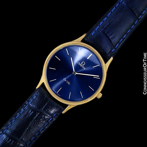 Omega De Ville Mens Thin Quartz Dress Watch with Blue Dial - 18K Gold Plated & Stainless Steel