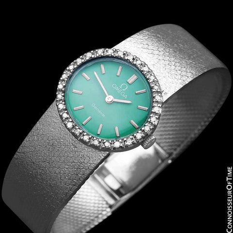 1970's Omega Geneve Vintage Ladies Handwound Shamrock Green Dial Watch - Stainless Steel & Diamonds