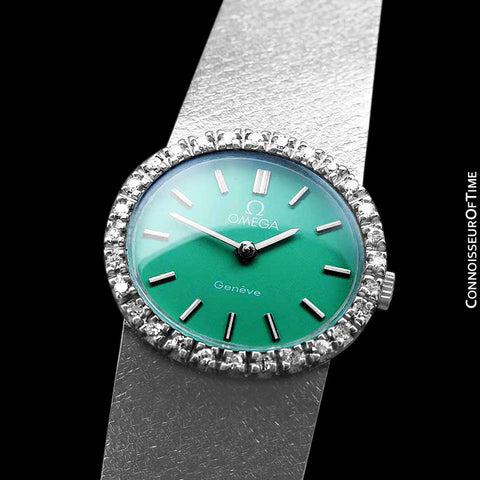 1970's Omega Geneve Vintage Ladies Handwound Shamrock Green Dial Watch - Stainless Steel & Diamonds