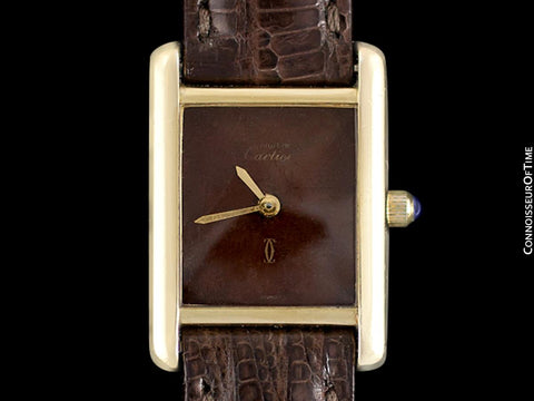 Cartier Vintage Ladies Tank Watch with Chocolate Brown Dial - Gold Vermeil, 18K Gold over Sterling Silver - Papers & Box
