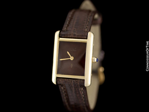 Cartier Vintage Ladies Tank Watch with Chocolate Brown Dial - Gold Vermeil, 18K Gold over Sterling Silver - Papers & Box