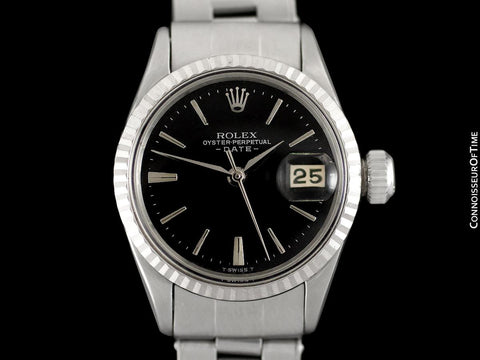 1965 Rolex Classic Vintage Ladies Date Datejust Watch, Black Dial - Stainless Steel & 18K White Gold