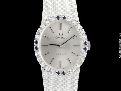 1973 Omega Geneve Vintage Ladies Handwound Watch - Stainless Steel, Diamonds & Sapphires