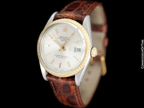1987 Rolex Date (Datejust) Vintage Mens Two-Tone Quick-Setting Watch with Silver Dial - Stainless Steel & 18K Gold