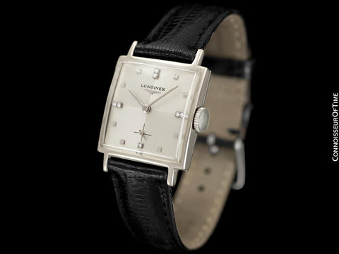 1957 Longines Mens Vintage Dress Watch - 14K White Gold & Diamonds