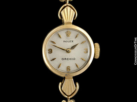 c. 1957 Rolex Orchid Ladies Vintage Watch, 18K Gold - Rare & Beautiful Crown Design