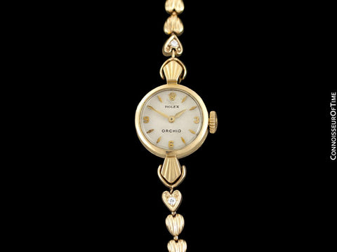 c. 1957 Rolex Orchid Ladies Vintage Watch, 18K Gold - Rare & Beautiful Crown Design