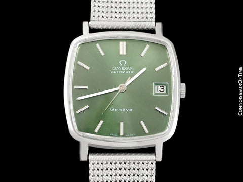 1974 Omega Geneve Vintage Mens Midsize Watch with Emerald / Money Green Dial - Stainless Steel