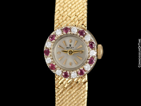 1970's Rolex Vintage Ladies Dress Bracelet Watch - 14K Gold, Diamonds & Rubies