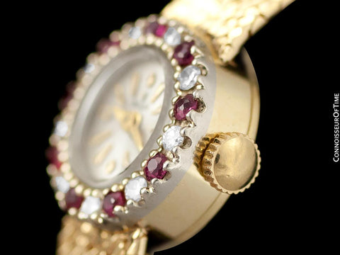 1970's Rolex Vintage Ladies Dress Bracelet Watch - 14K Gold, Diamonds & Rubies
