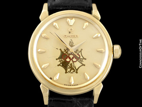 1956 Omega Seamaster Olympic XVI Mens Vintage 18K Gold Watch - Very Rare Cross of Merit Dial