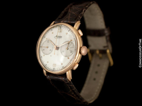 1940's Minerva Vintage Mens 13-20 Chronograph Watch with Special Lugs - 18K Rose Gold