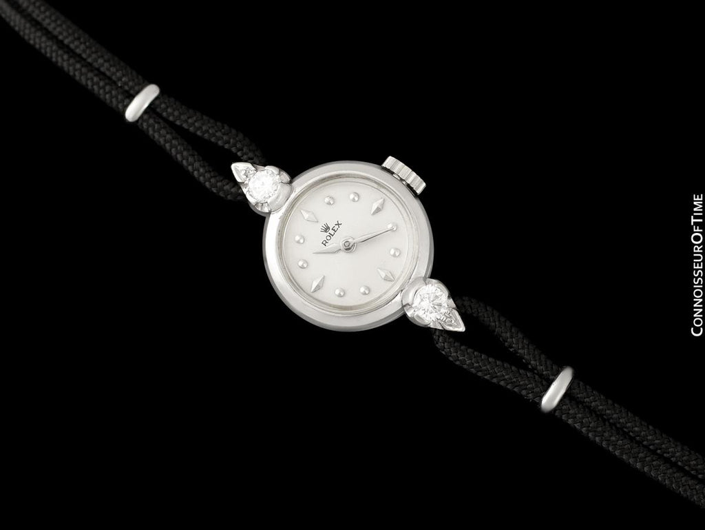 1955 Rolex Vintage Ladies Dress Watch, Silver Dial - 14K White Gold & - Connoisseur of Time 1955 Rolex Vintage Ladies Dress Watch, Silver Dial - 14K White Gold & - Connoisseur of Time