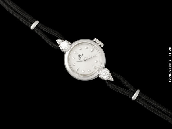 1955 Rolex Vintage Ladies Dress Watch, Silver Dial - 14K White Gold & Diamonds