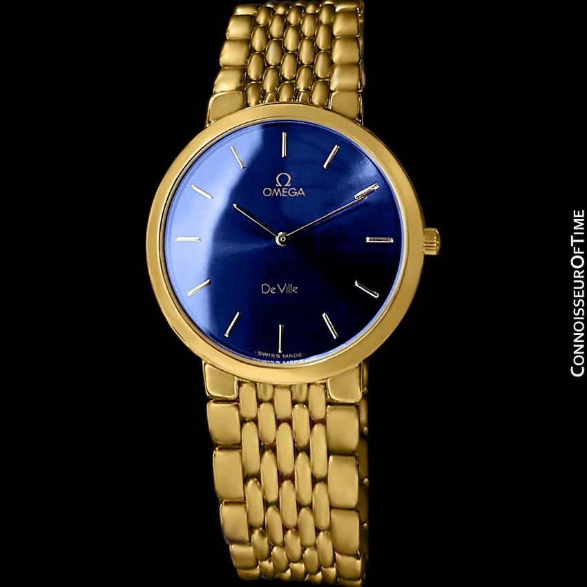 Omega De Ville Mens Thin Quartz Dress Watch with Blue Dial - 18K Gold - Connoisseur of Time Omega De Ville Mens Thin Quartz Dress Watch with Blue Dial - 18K Gold - Connoisseur of Time