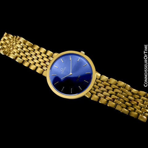 Omega De Ville Mens Thin Quartz Dress Watch with Blue Dial - 18K Gold Plated